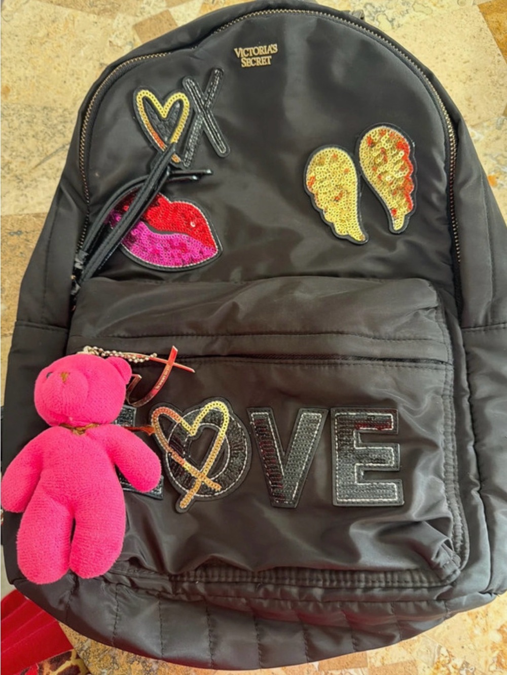 Victoria's Secret Black Sequin Patch Backpack with Pink Bear Charm